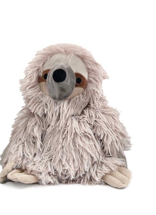 Grey plush sloth doorstop with long shaggy fur and outstretched paws, white background product shot
