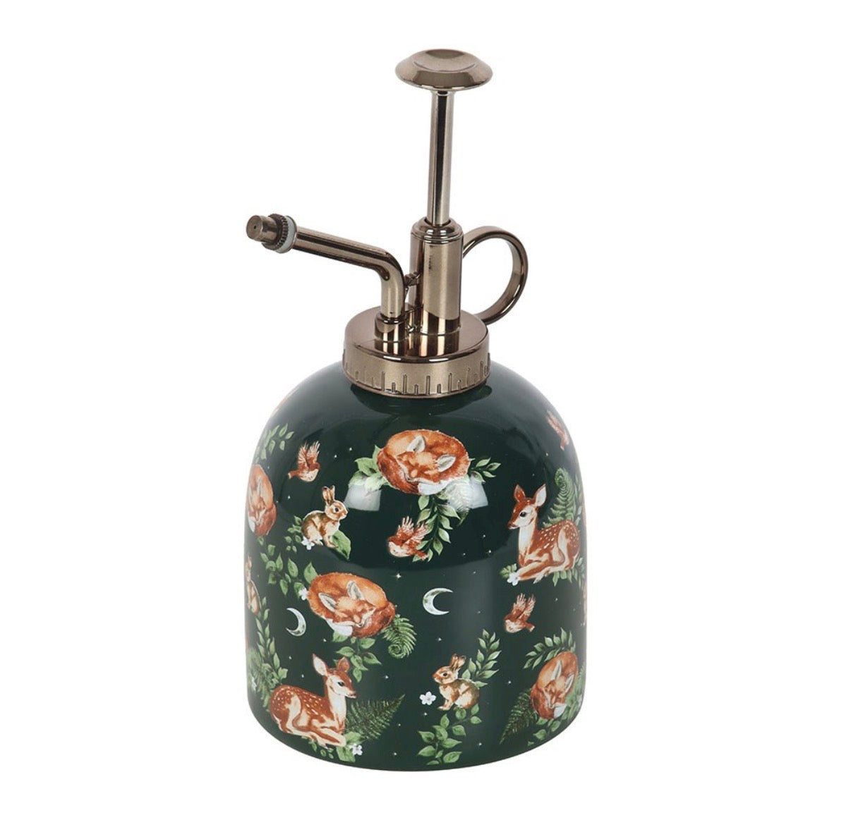 Dark green ceramic fawn and friends forest print plant mister with silver pump, white background product shot, front view