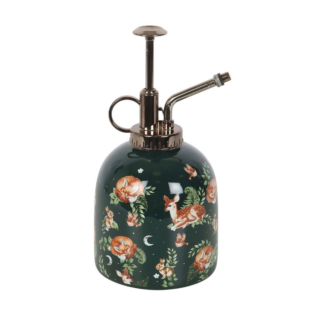 Dark green ceramic fawn and friends forest print plant mister with silver pump, white background product shot, side view