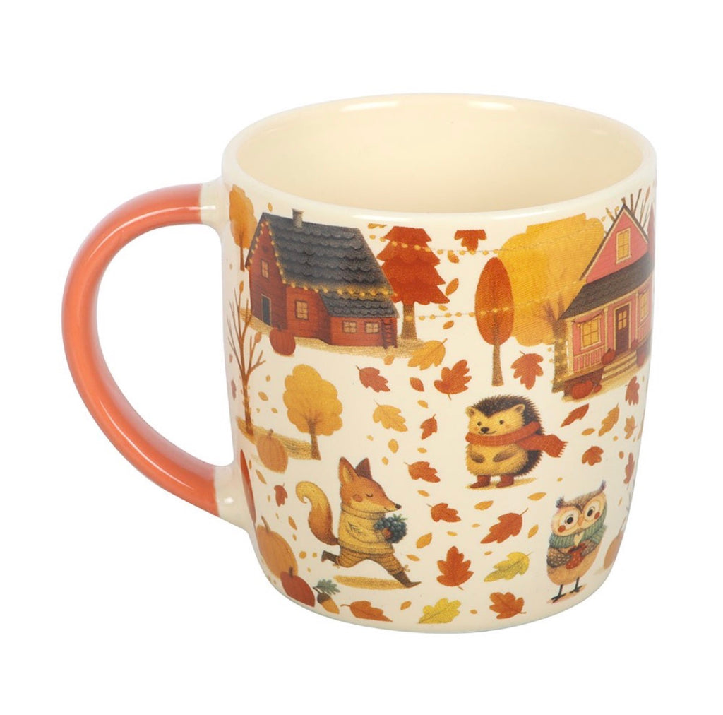 Creature Comforts ceramic mug with fox hedgehog owl and autumn leaves print, front view white background