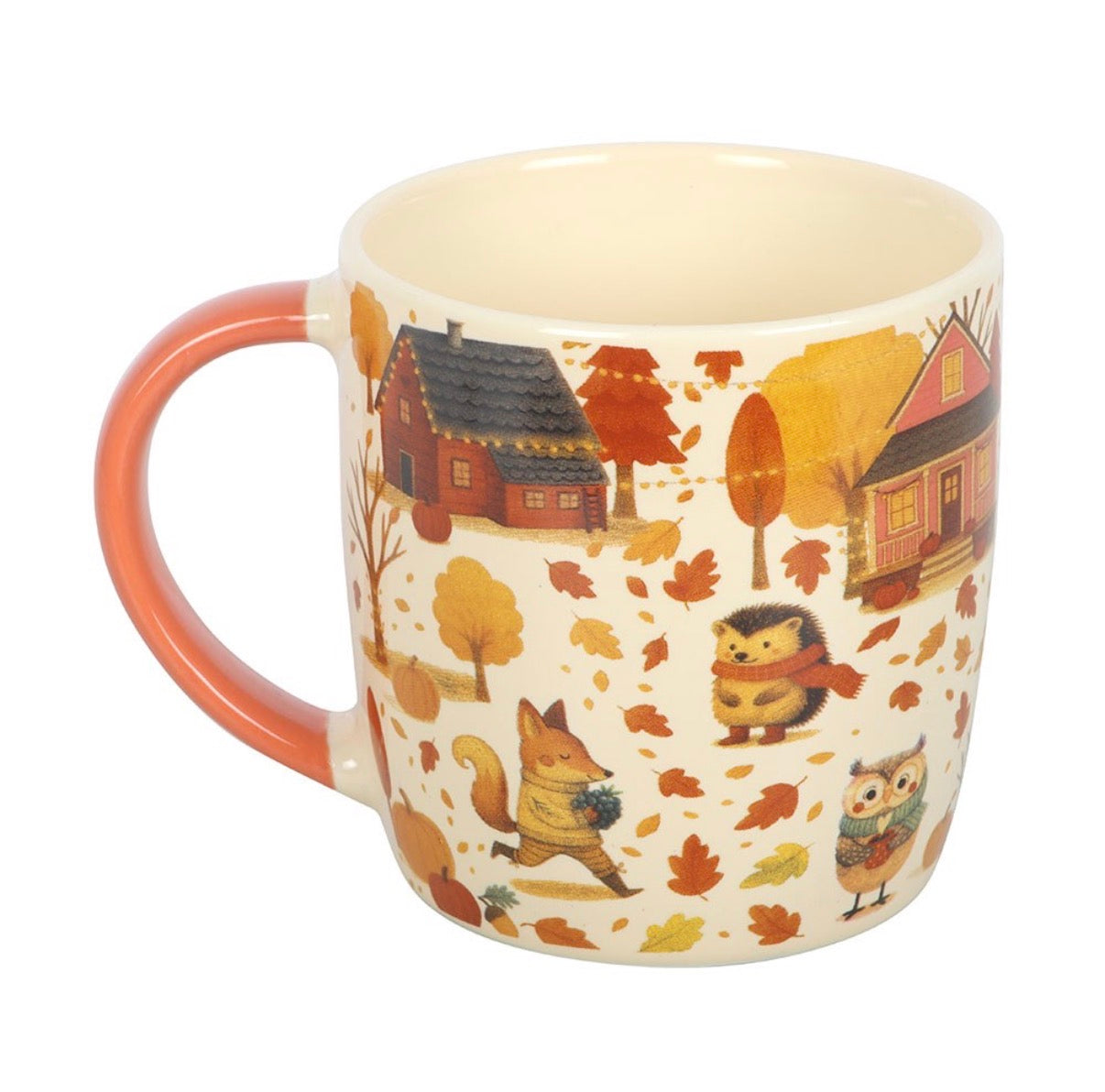 Creature Comforts ceramic mug with fox hedgehog owl and autumn leaves print, front view white background