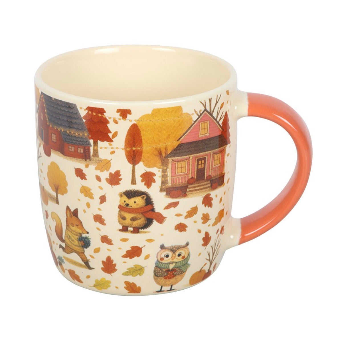 Creature Comforts ceramic mug with fox hedgehog owl and autumn leaves print, reverse angle white background