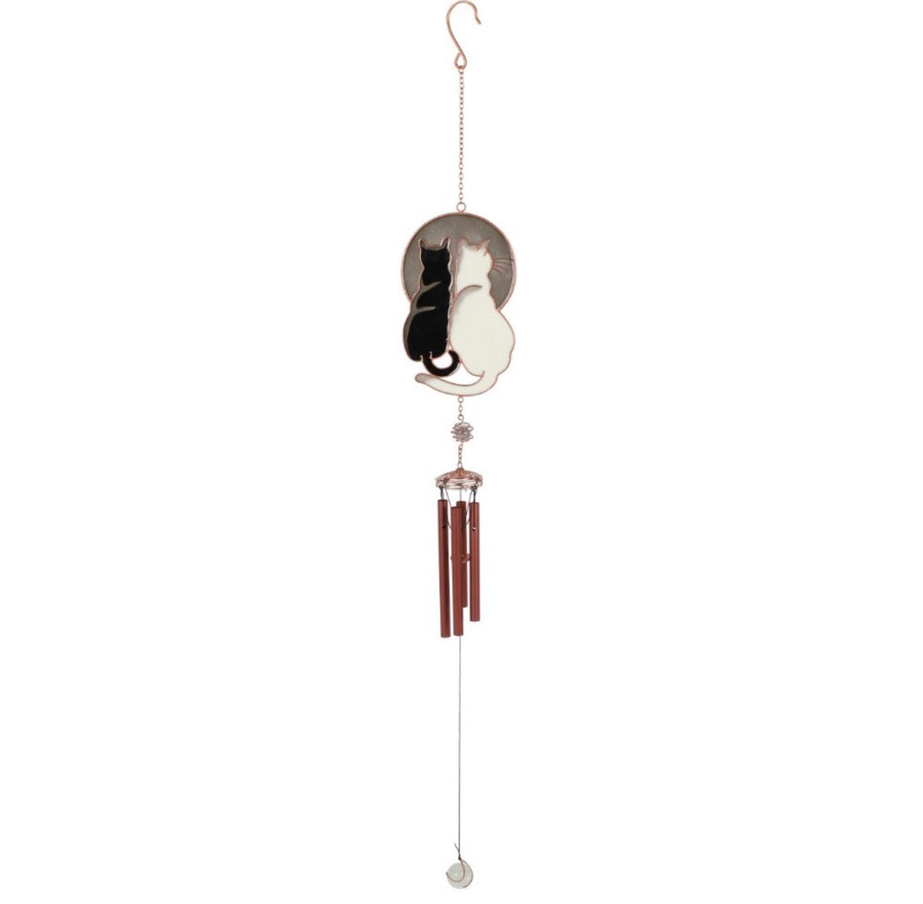 Yin yang black and white cat wind chime with copper metal tubes and crystal drop, white background product shot