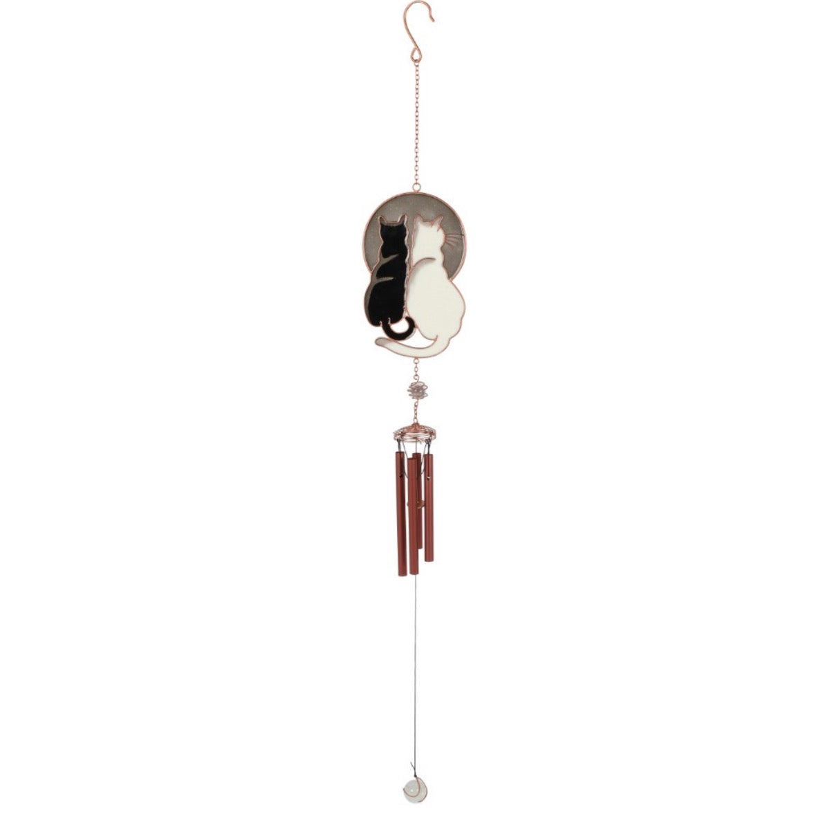 Yin yang black and white cat wind chime with copper metal tubes and crystal drop, white background product shot