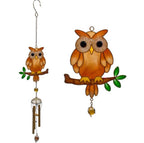 Stained glass style brown owl on a branch wind chime with copper tubes and amber bead, white background product shot showing full chime and close-up detail