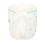 Back view of Crazy cat lady mug showing grey polka dot design and blue rim, white background