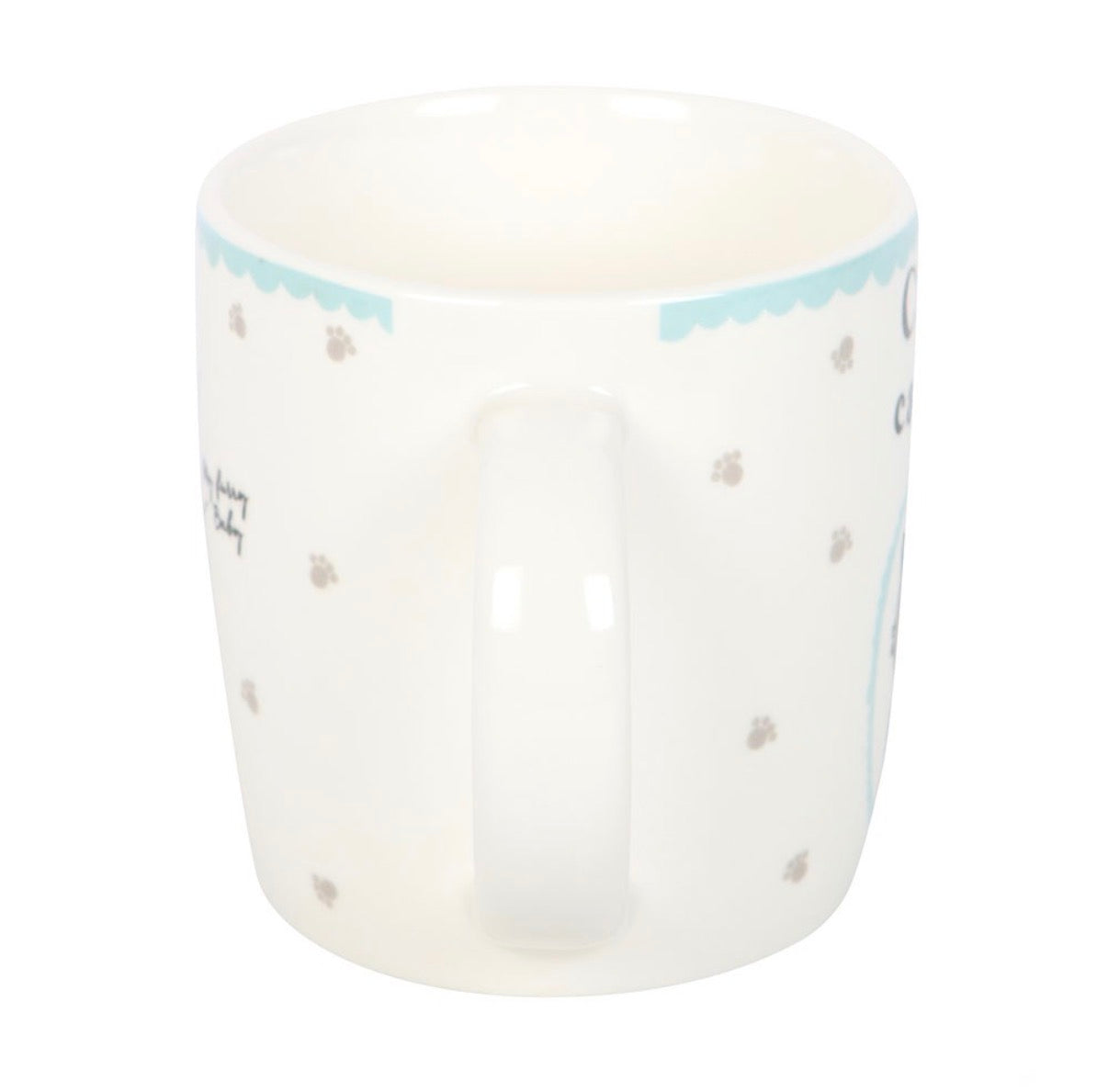 Back view of Crazy cat lady mug showing grey polka dot design and blue rim, white background