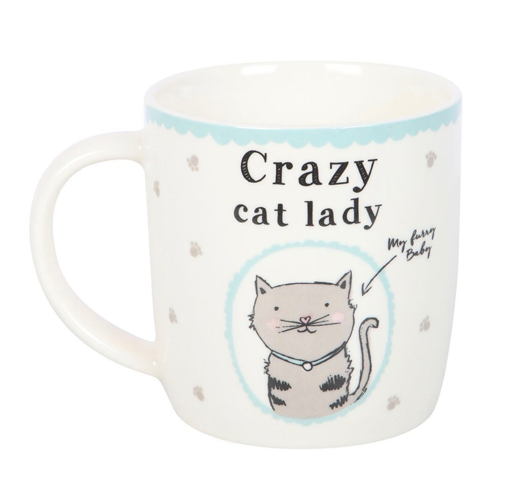 Side view of Crazy cat lady mug showing full illustration and slogan, white background product shot