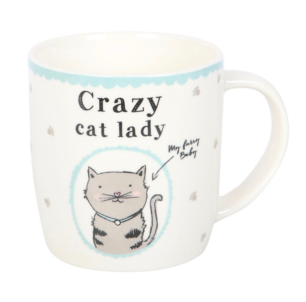 Angled view of Crazy cat lady mug showing handle side and full design, white background product shot