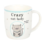 Angled view of Crazy cat lady mug showing handle side and full design, white background product shot