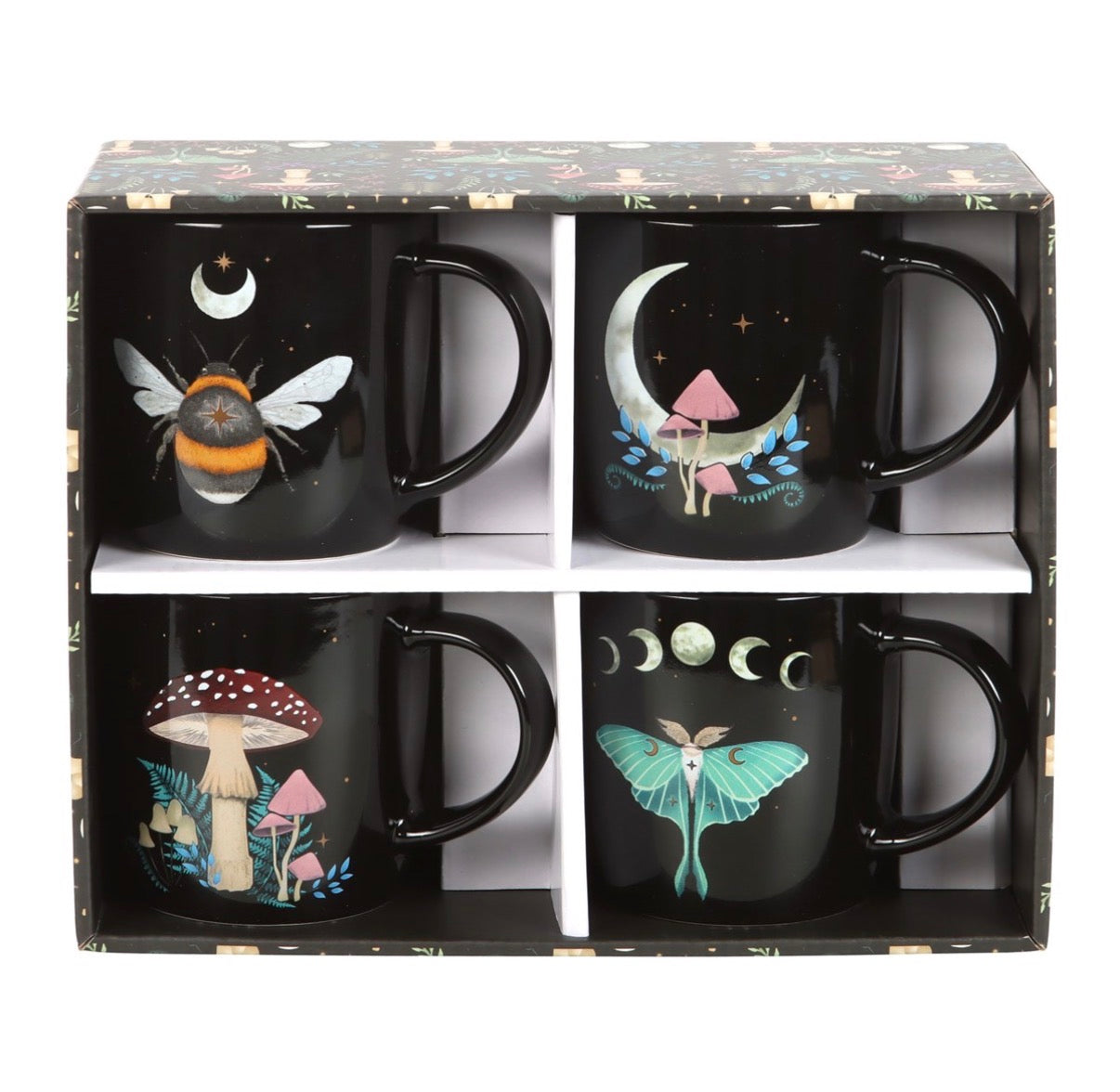 Dark Forest Set of Four mugs presented in open gift box showing all four black ceramic mugs, white background