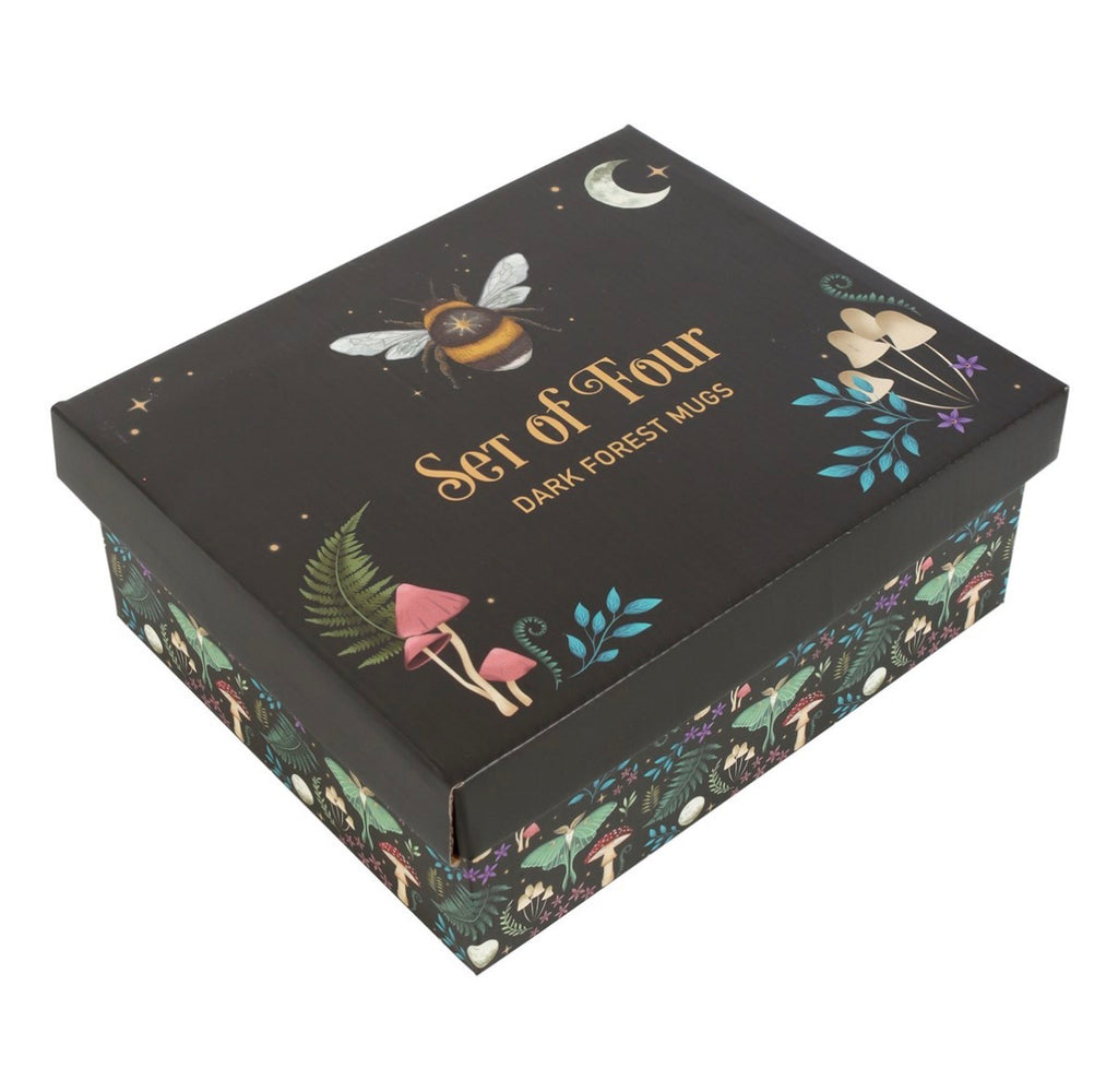 Dark Forest Set of Four gift box lid with celestial bee, moon and mushroom illustrations and gold foil text, white background