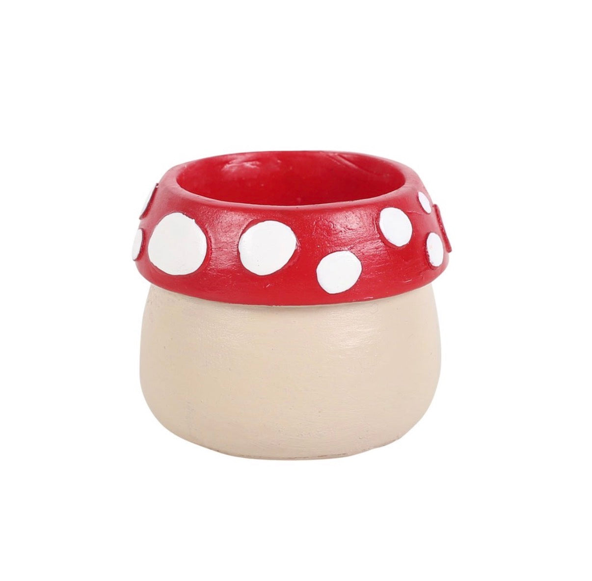 Small plain mushroom tealight holder showing red spotted cap rim and cream body, simpler design, white background