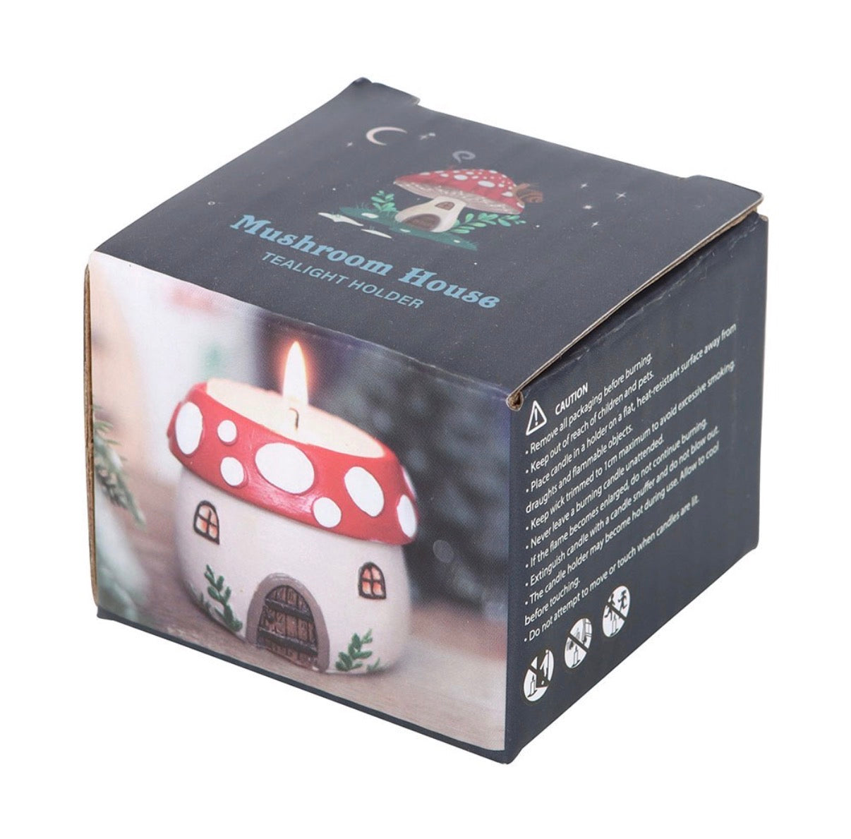 Mushroom House Tealight Holder gift box with illustrated mushroom and moon design and product name, white background