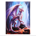 Anne Stokes Treasure Trove canvas print showing lavender dragon standing over treasure chest in glowing crystal cave, white background