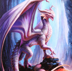 Close-up detail of Anne Stokes Treasure Trove dragon canvas print showing lavender scaled dragon in crystal cave