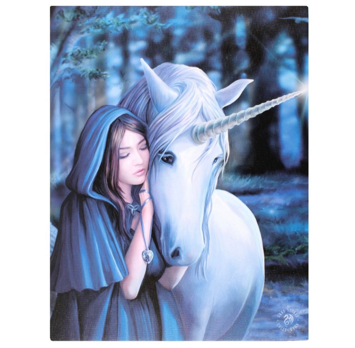 Anne Stokes Solace canvas print showing cloaked young woman resting head against white unicorn in moonlit blue forest