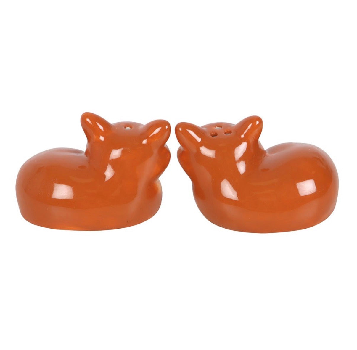 Two ceramic fox salt and pepper shakers rear view on white background showing plain russet back and ear detail