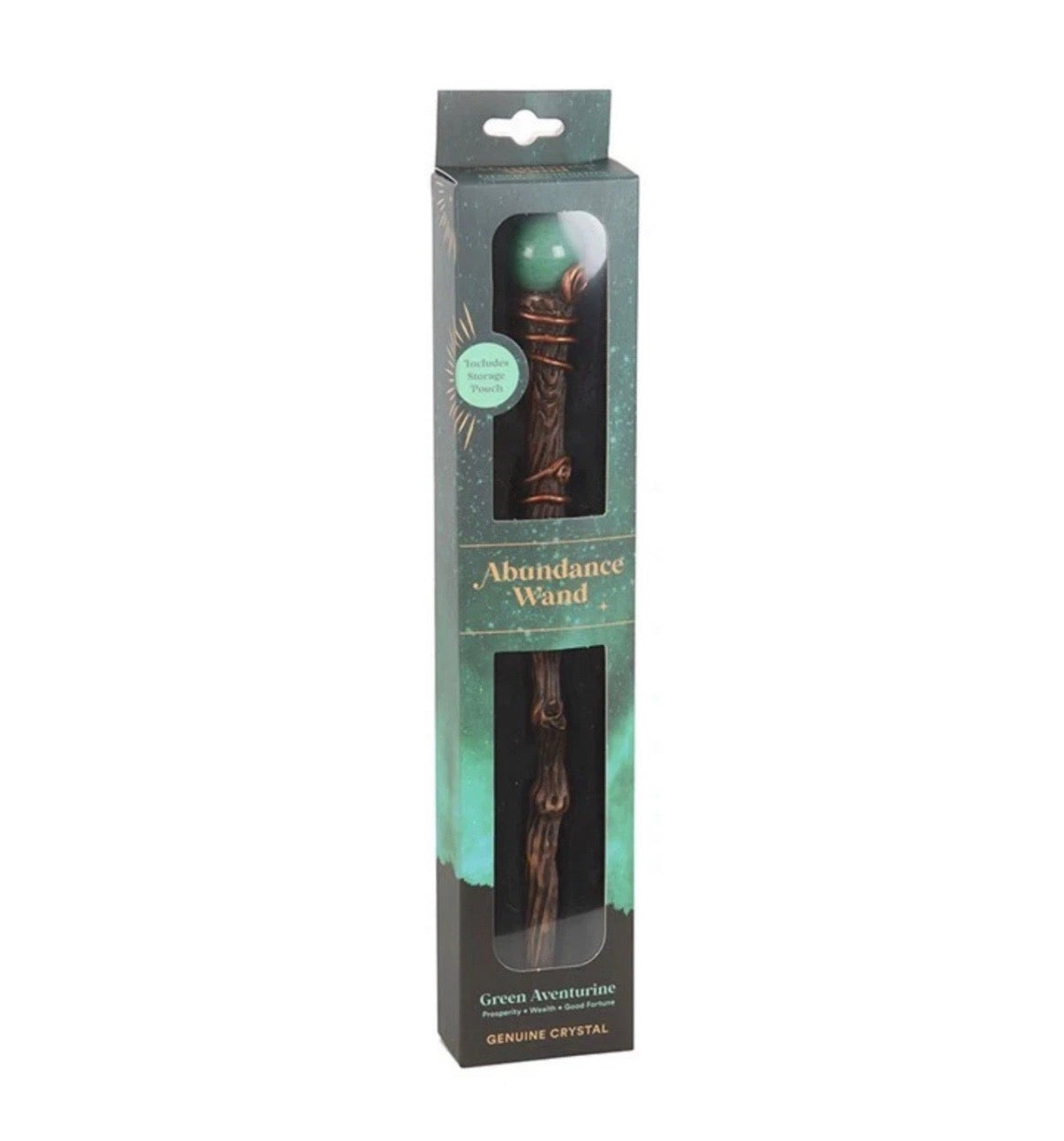 Green Aventurine Abundance Wand in retail packaging box