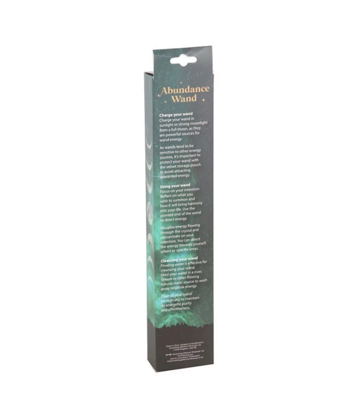 Back of Green Aventurine Abundance Wand packaging showing care and usage instructions