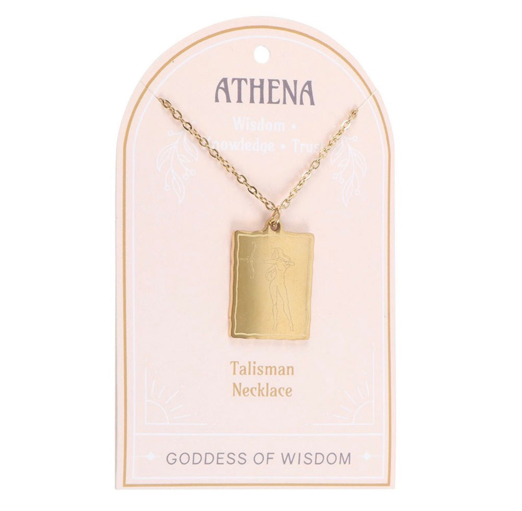 Hand holding the Athena Talisman Necklace on its Goddess of Wisdom presentation card