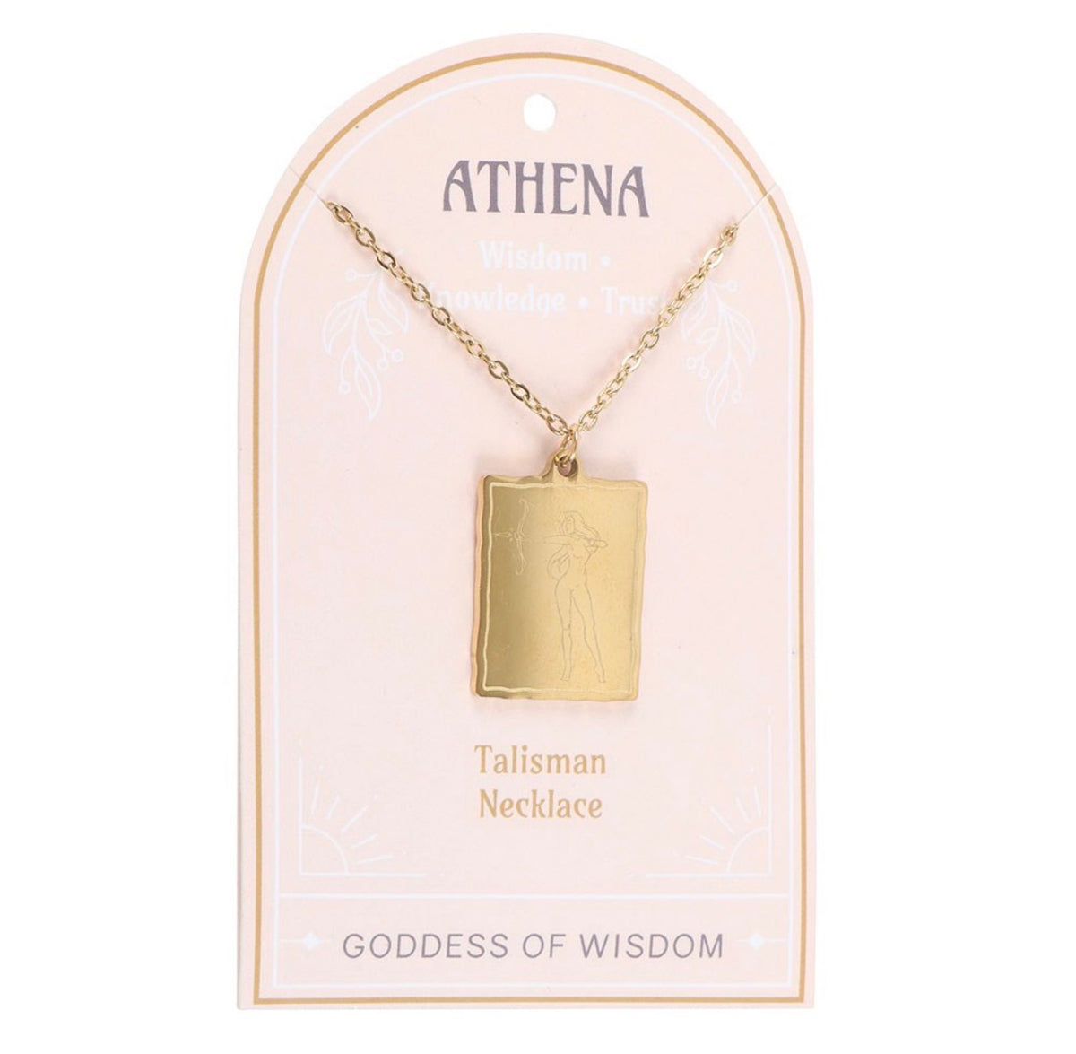 Hand holding the Athena Talisman Necklace on its Goddess of Wisdom presentation card