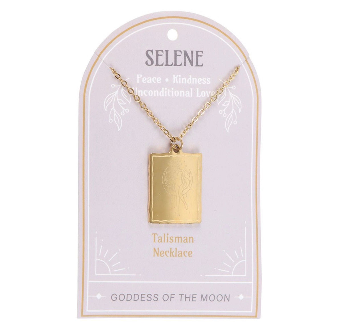 Selene Talisman Necklace on its lilac Goddess of the Moon presentation card