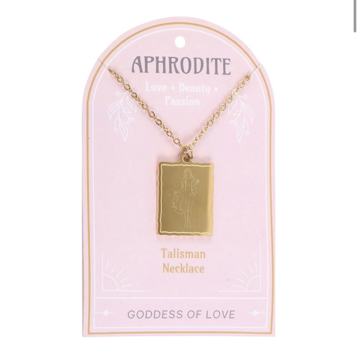 Aphrodite Talisman Necklace on its pink Goddess of Love presentation card