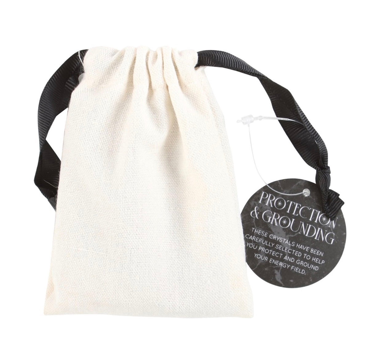 Protection and Grounding crystal set with cotton pouch, meaning card and three tumbled stones