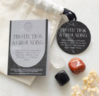 Information card explaining red jasper, clear quartz and black obsidian meanings and affirmations
