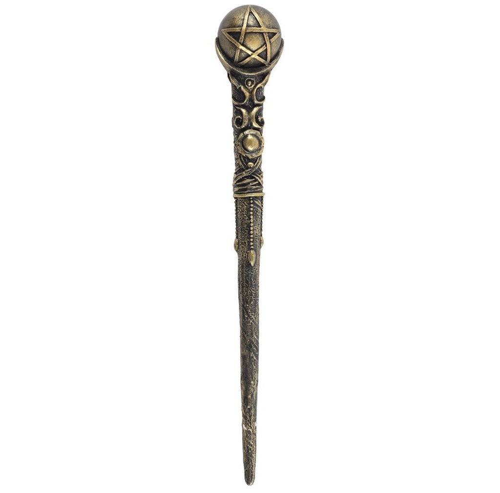Angled view of the bronze pentacle magic wand showing the knotwork handle and tapered shaft