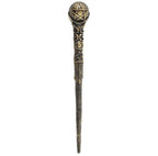 Angled view of the bronze pentacle magic wand showing the knotwork handle and tapered shaft