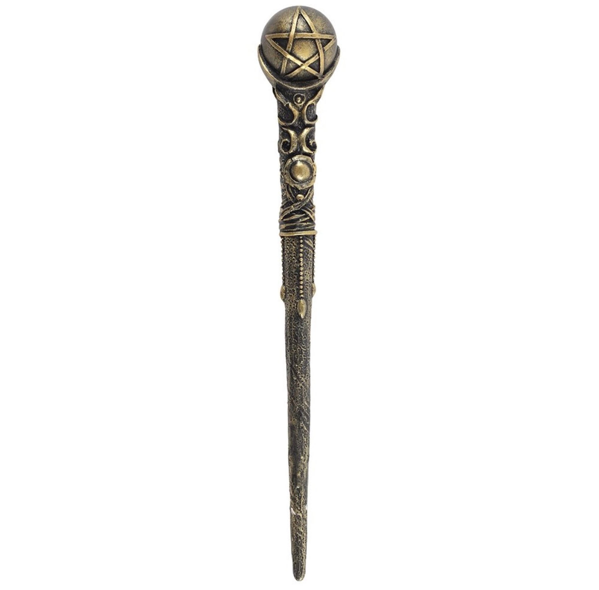 Angled view of the bronze pentacle magic wand showing the knotwork handle and tapered shaft