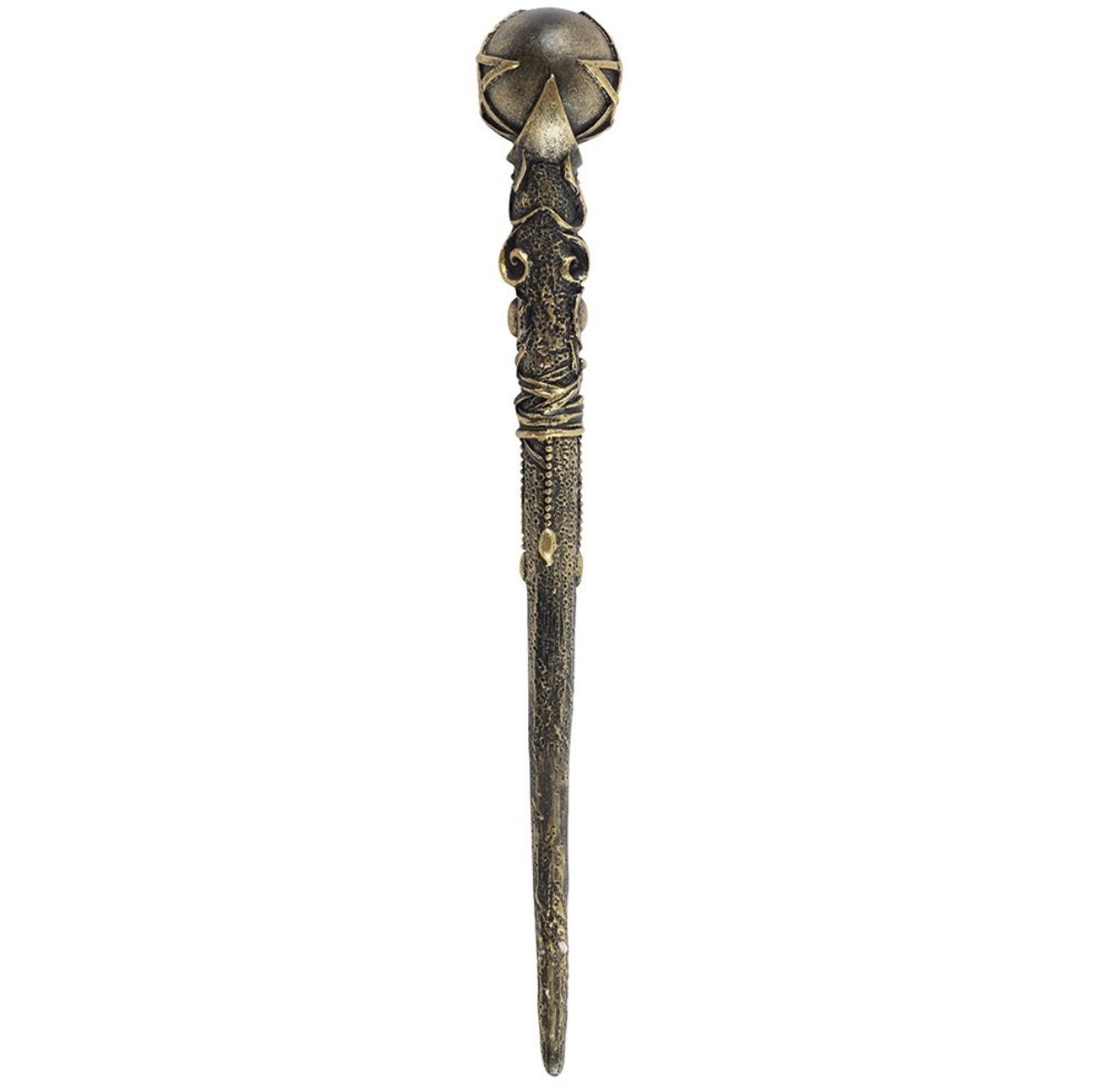 Bronze pentacle magic wand showing the raised pentagram on its orb crown