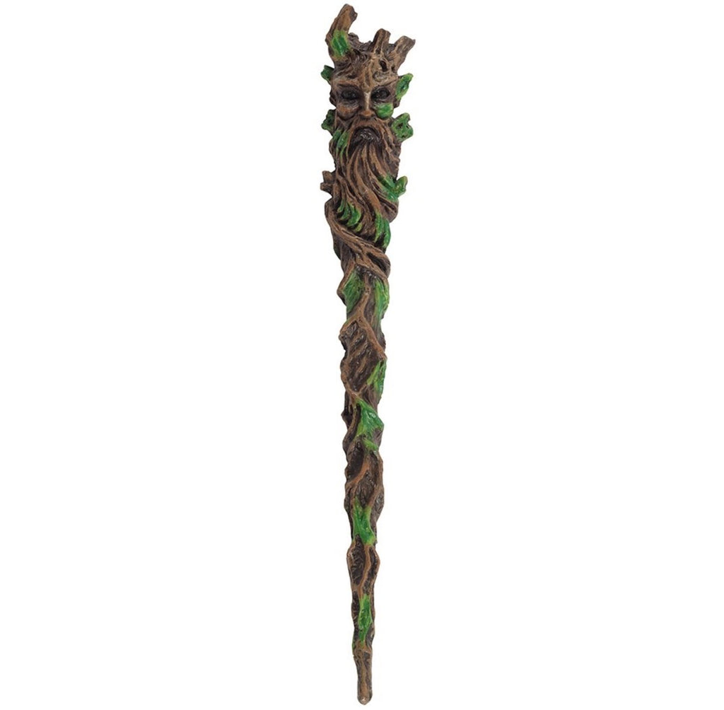 Green Man magic wand with a bearded leafy face at the crown and ivy twisting down the shaft