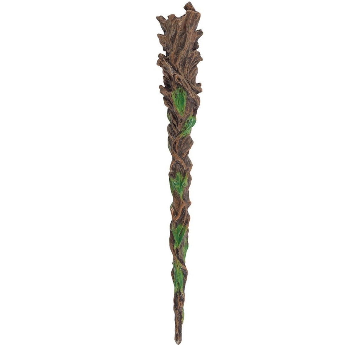 Reverse view of the Green Man magic wand showing the bark texture and moss green detailing