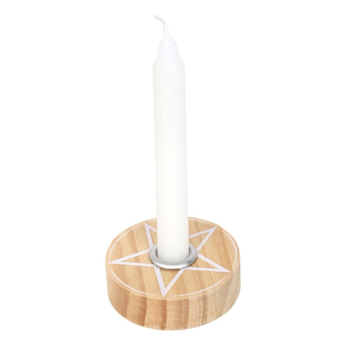 Top-down view of the pine candle holder showing the painted white pentagram and metal cup