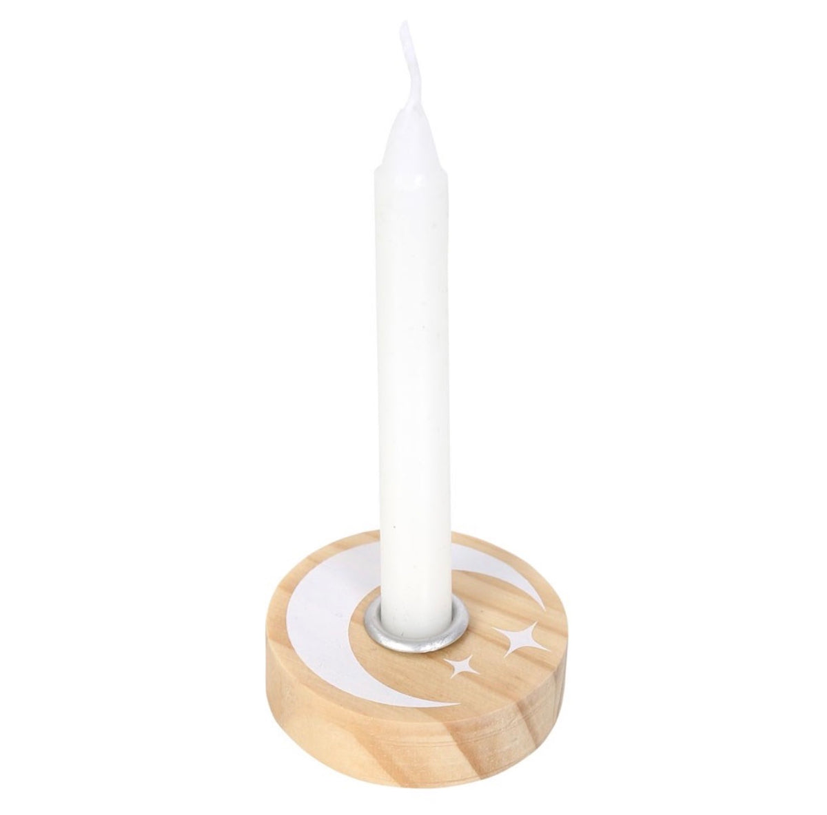 Top-down view of the pine candle holder showing the painted white crescent moon, stars and metal cup