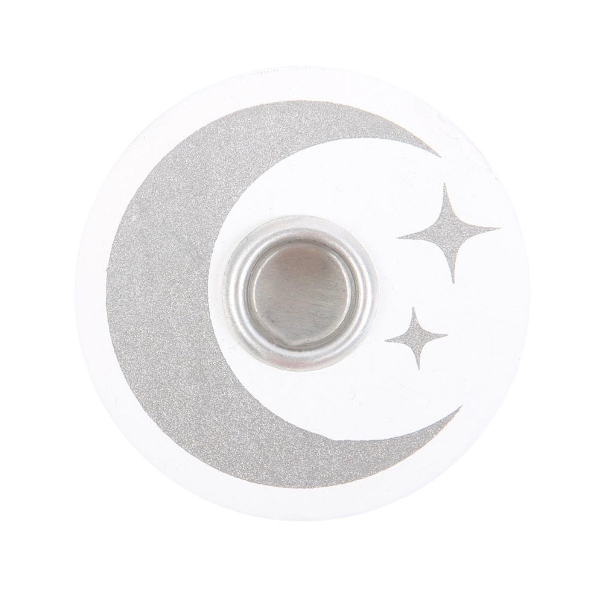 Lit white spell candle in the white and silver moon holder, styled with dried flowers