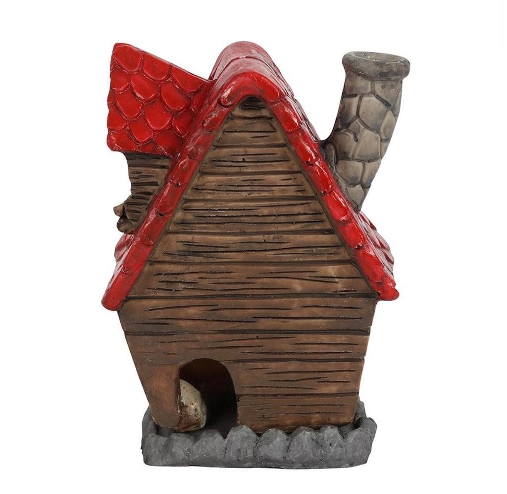 Back view of The Willows fairy cottage incense burner showing the red tiled roof and chimney