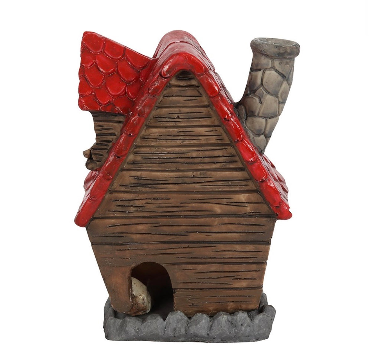Back view of The Willows fairy cottage incense burner showing the red tiled roof and chimney