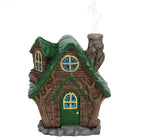 Woody Lodge fairy cottage incense burner with smoke drifting from the stone chimney