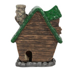 Back view of Woody Lodge showing the green shingled roof, chimney and smoke opening