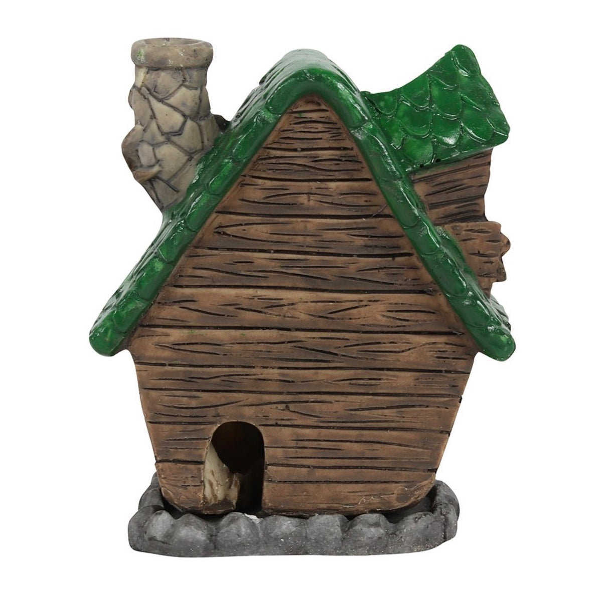 Back view of Woody Lodge showing the green shingled roof, chimney and smoke opening