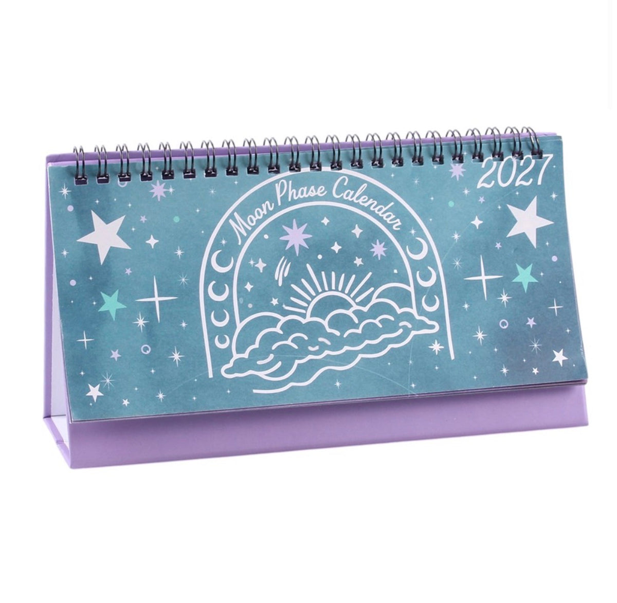 Teal and lilac 2027 Moon Phase Calendar cover on a white background