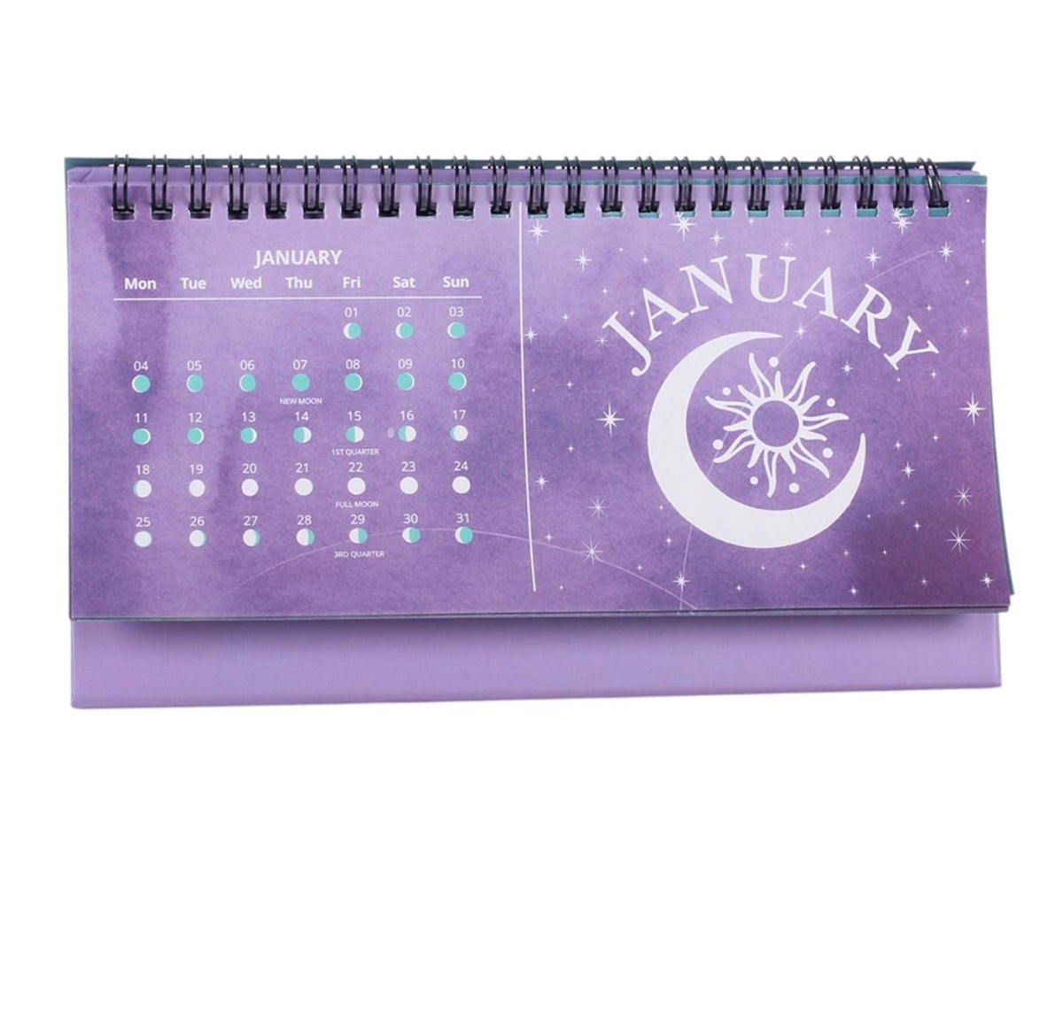 January page of the moon phase calendar showing daily moon phases and a crescent moon illustration