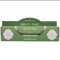 Elements Green Man incense sticks in a green retail display box with the Green Man leaf face design