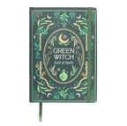 Green Witch Book of Spells journal cover with leaves, moons and a potion bottle design