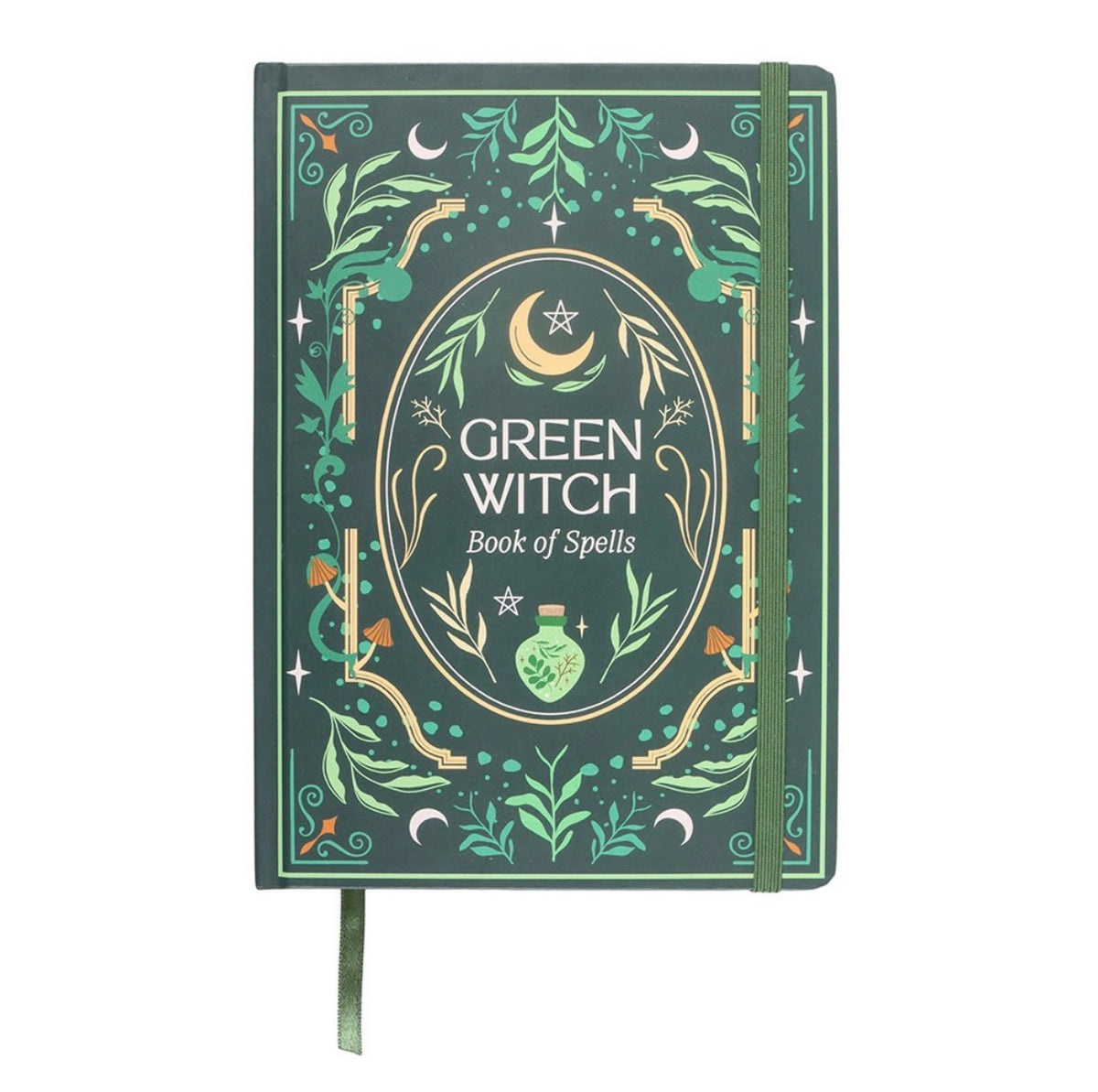 Green Witch Book of Spells journal cover with leaves, moons and a potion bottle design