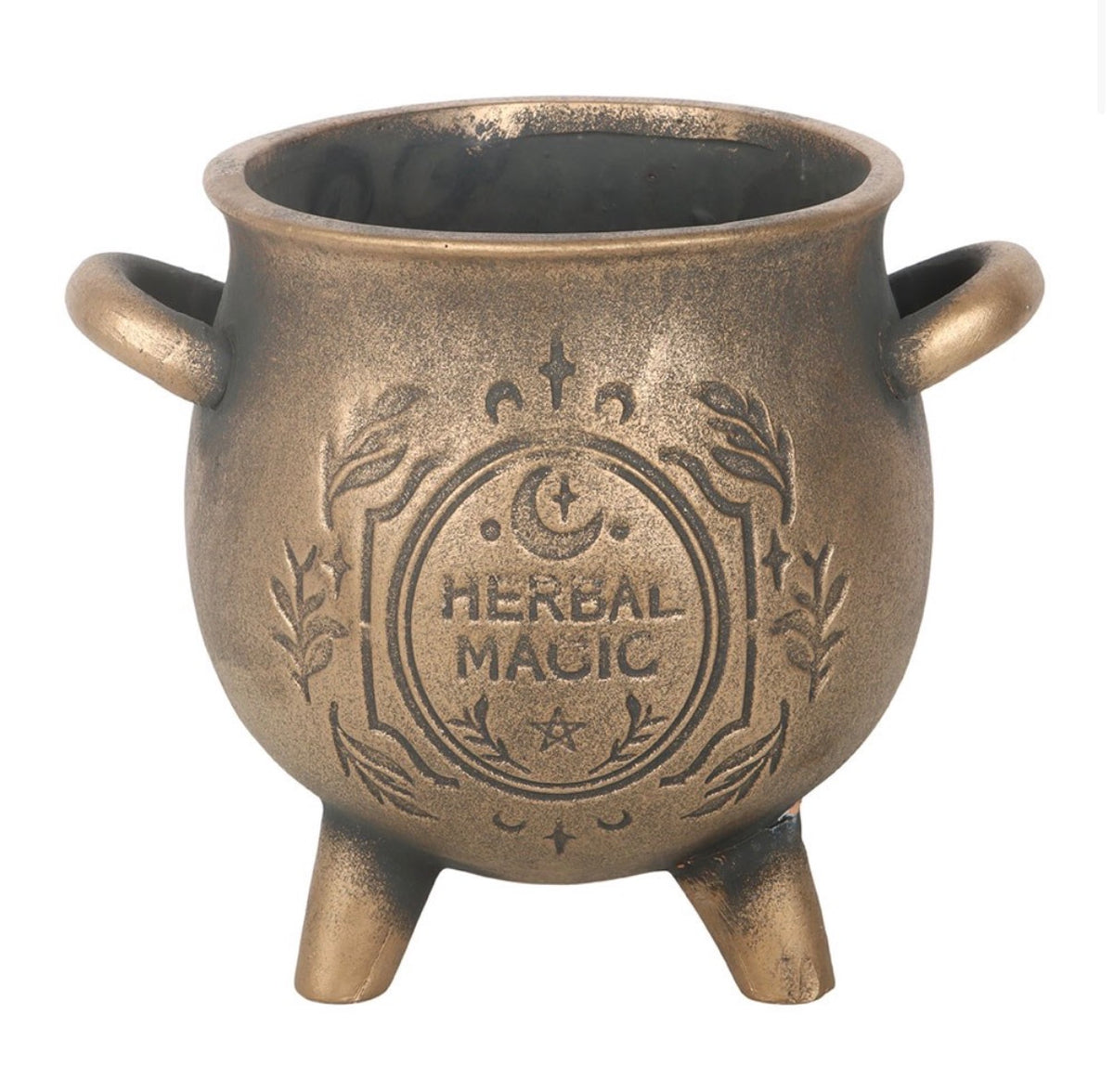 Plain side of the antiqued bronze cauldron pot showing its handles and three feet